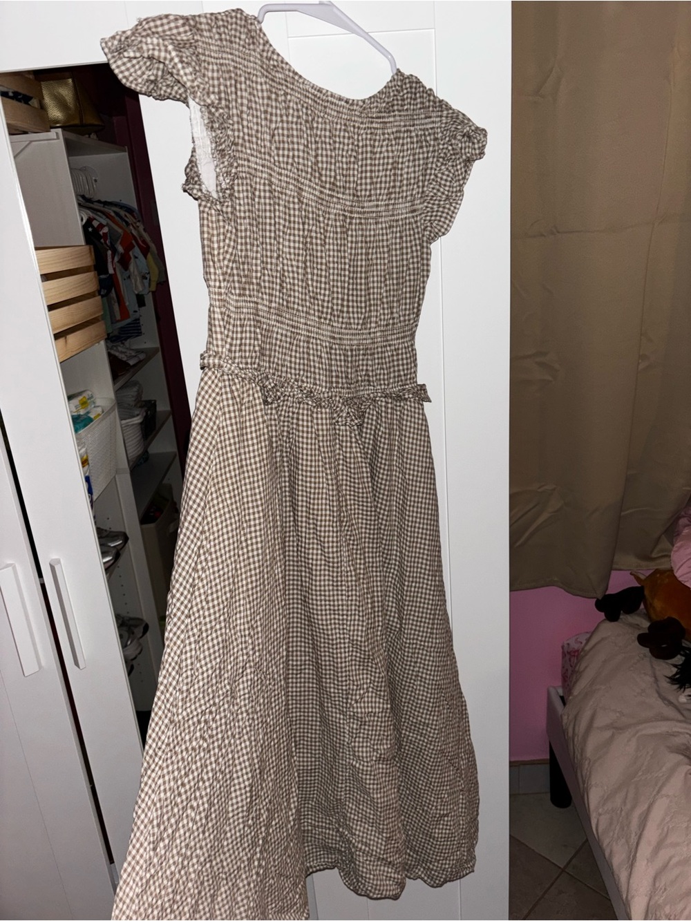 Smocked Gingham Midi Dress in Beige - Picture 2 of 5
